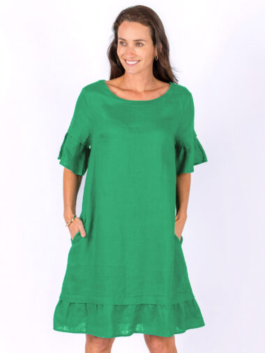 Linen Flute Sleeve Dress Green Worthier