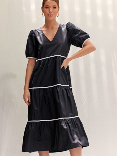 Contrast Cotton Dress Black Adorne