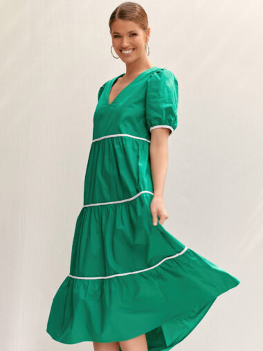 Contrast Cotton Dress Green Adorne