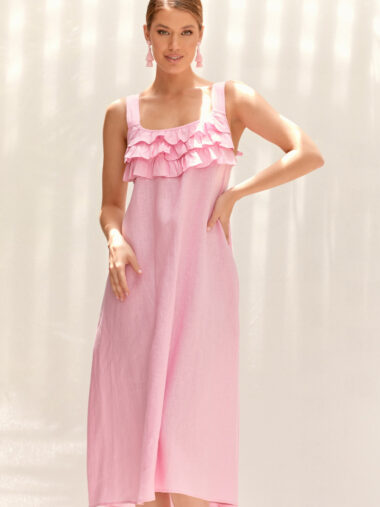 Linen Ruffle Dress Pink Adorne