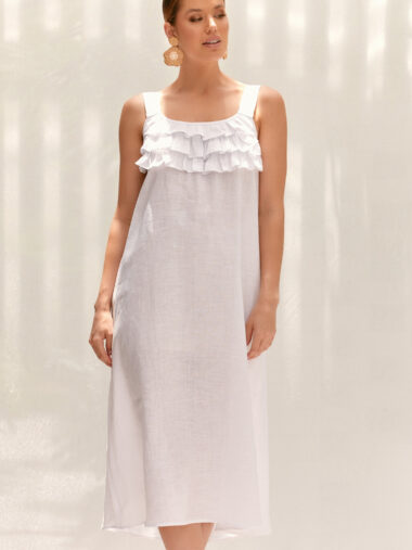 Linen Ruffle Dress White Adorne