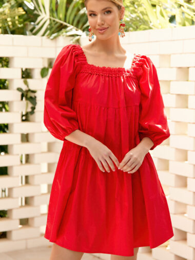 Square Neck Cotton Dress Red Adorne