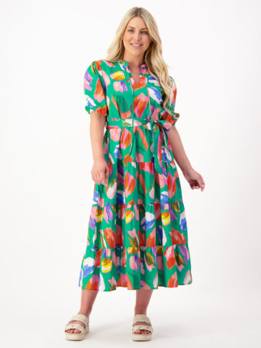 Tiered Vee Neck Dress Green Liberty Rose