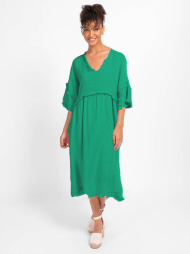 Linen Fray Frill Dress Green La Strada