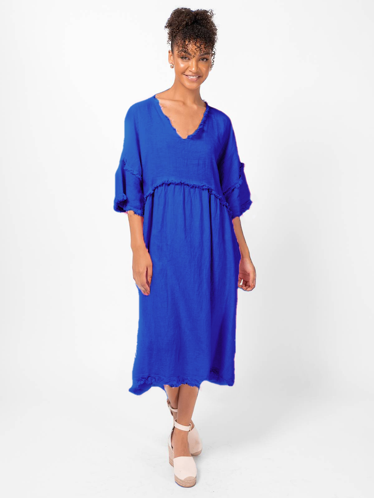 Linen Fray Frill Dress Blue La Strada