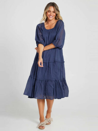 Cotton Voile Tier Dress Navy Holiday