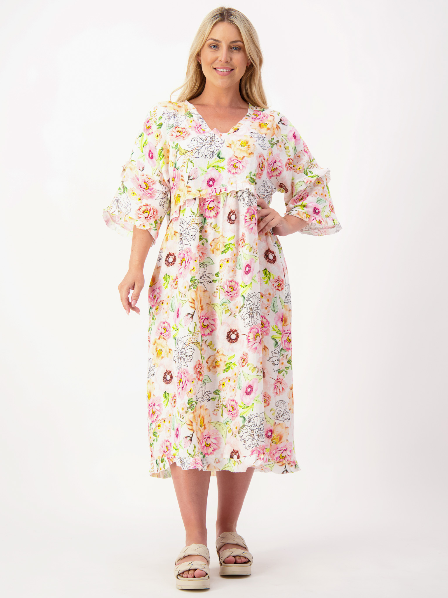 Linen Fray Frill Dress Multi La Strada