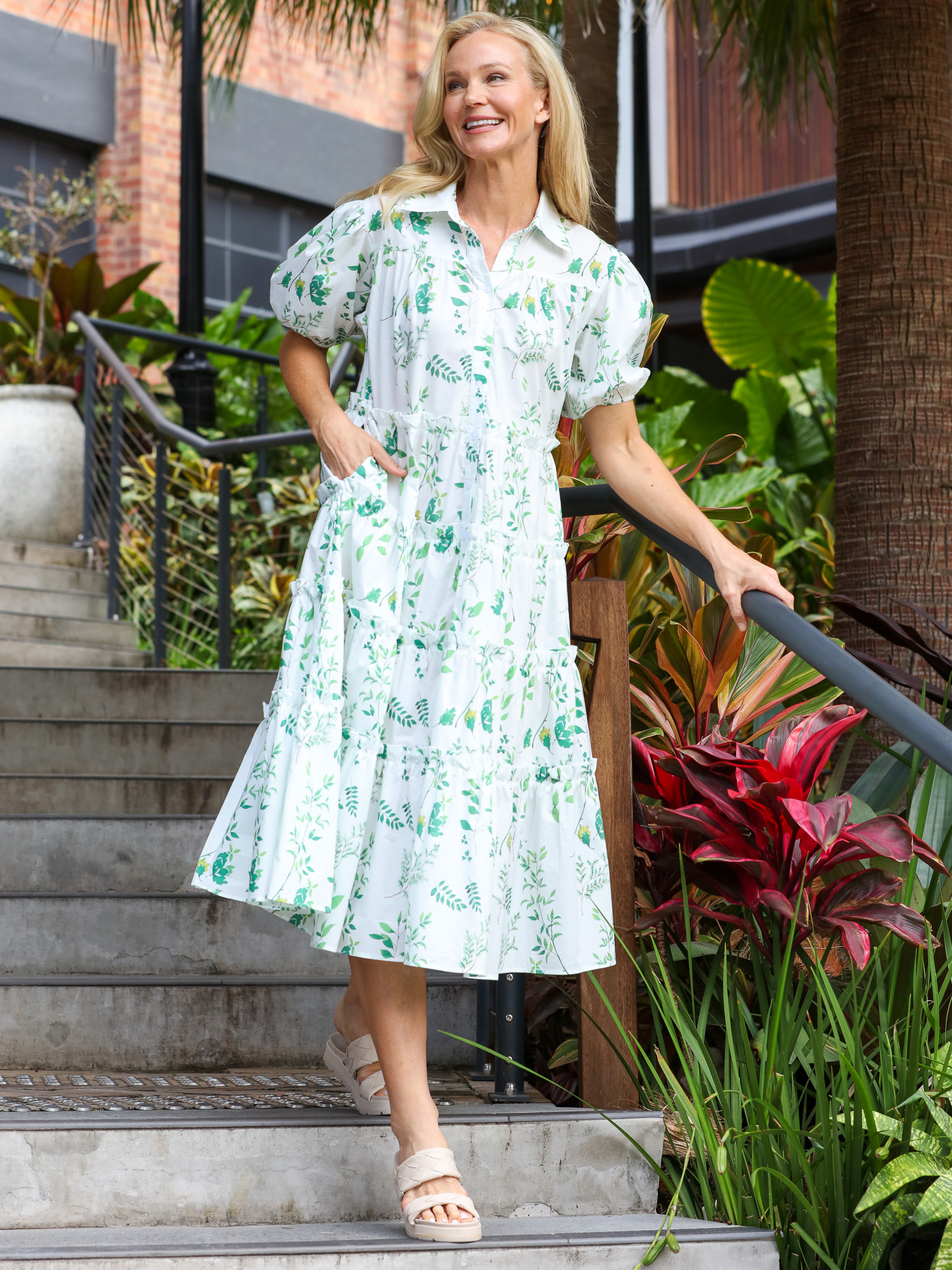 Tiered Button Dress White Liberty Rose