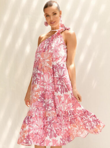Cotton One Shoulder Dress Pink Adorne