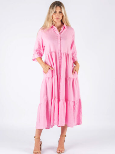 Frill Sleeve Linen Dress Pink Worthier