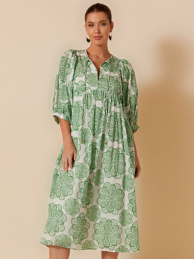 Cotton Gather Long Dress Green Adorne