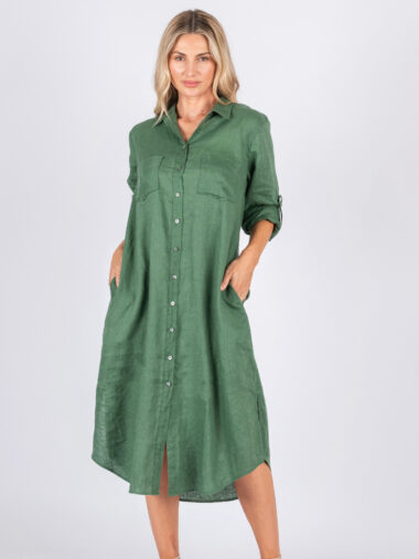 Pocket Front Linen Dress Green Worthier