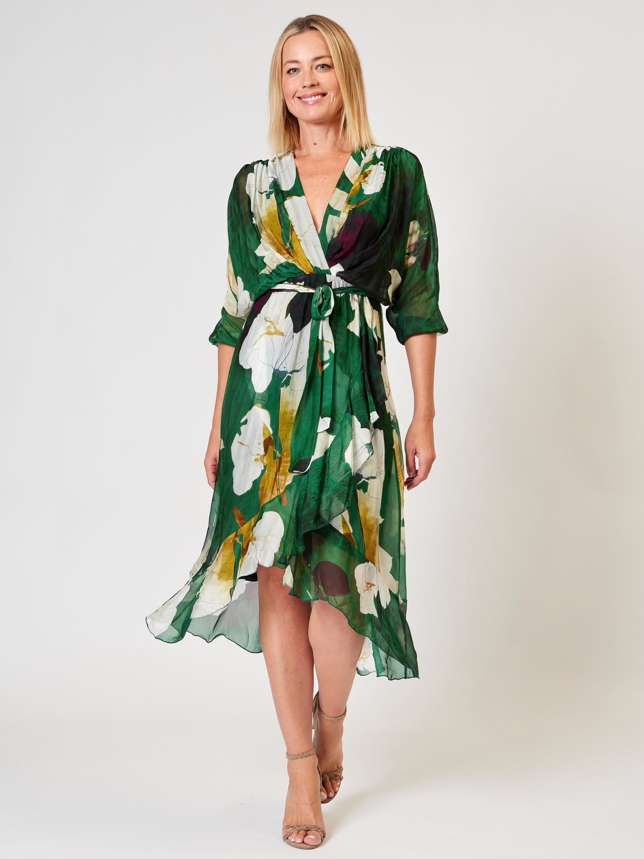 Green silky hot sale wrap dress