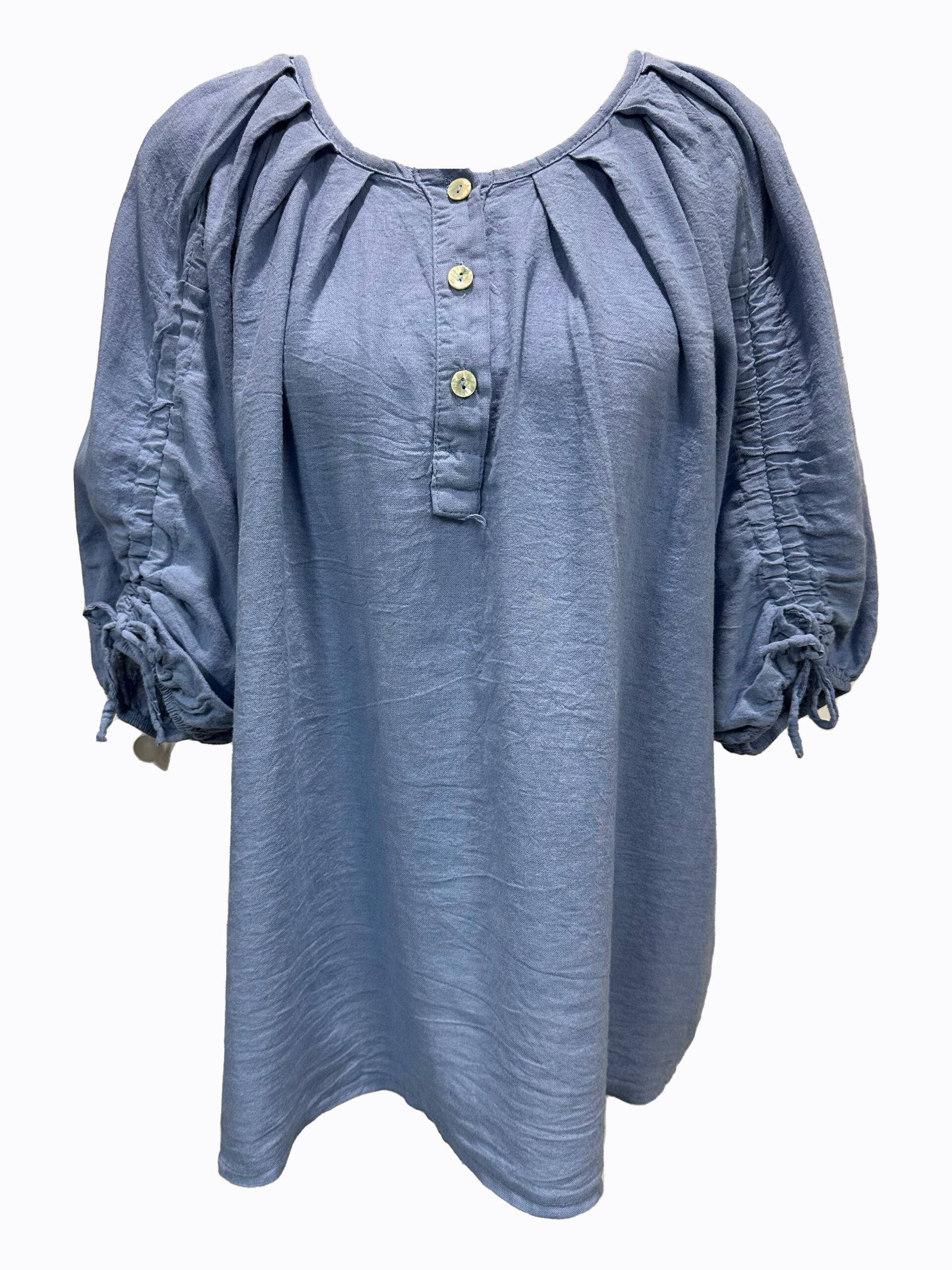 Gathered Sleeve Linen Top Blue La Strada