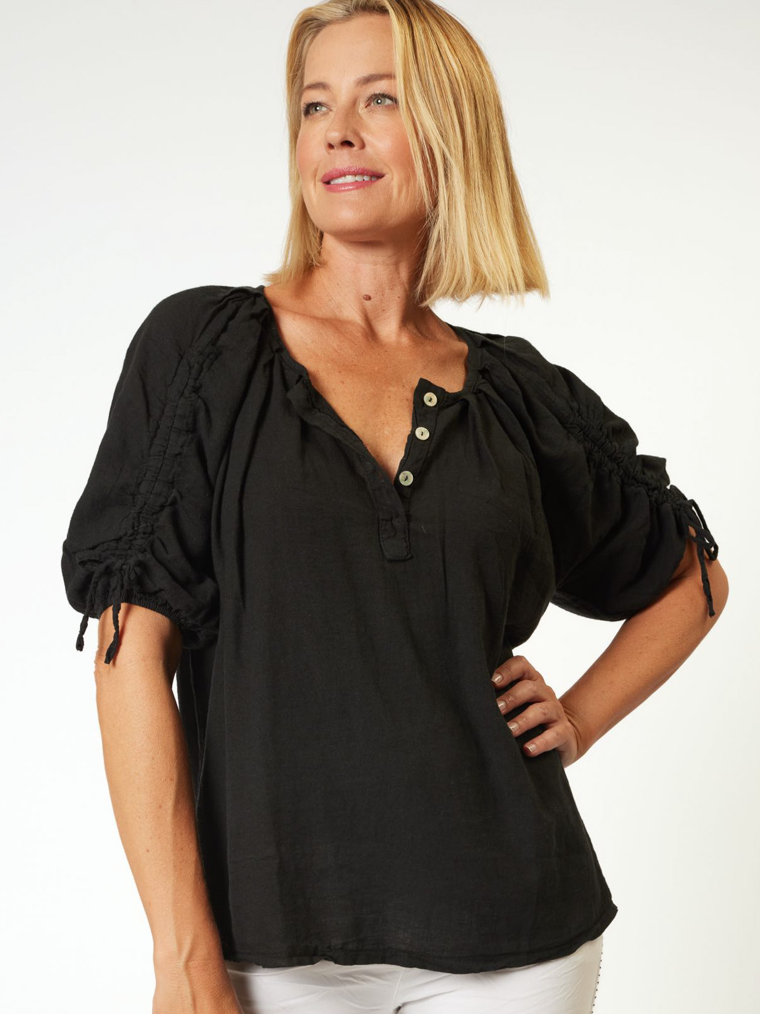 Gathered Sleeve Linen Top Black La Strada