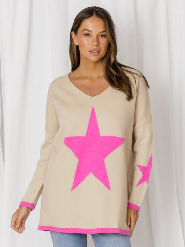 Love Lily The Label Vee Neck Star Knit Beige