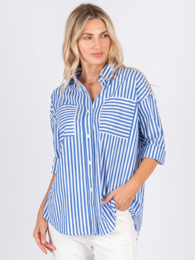 Patch Pocket Stripe Shirt Royal Blue Worthier