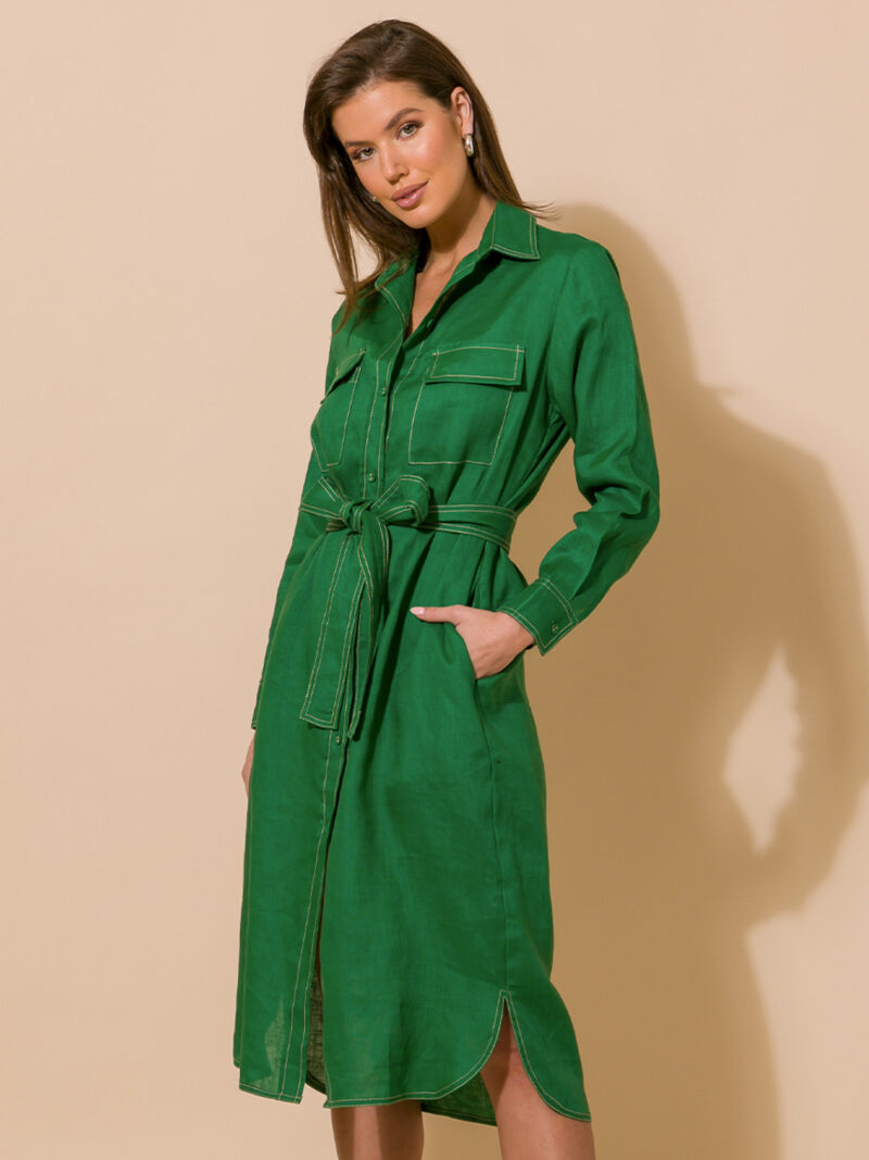 Stitch Detail Linen Dress Green Adorne