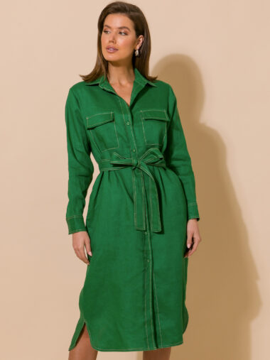 Adorne Stitch Detail Linen Dress Green
