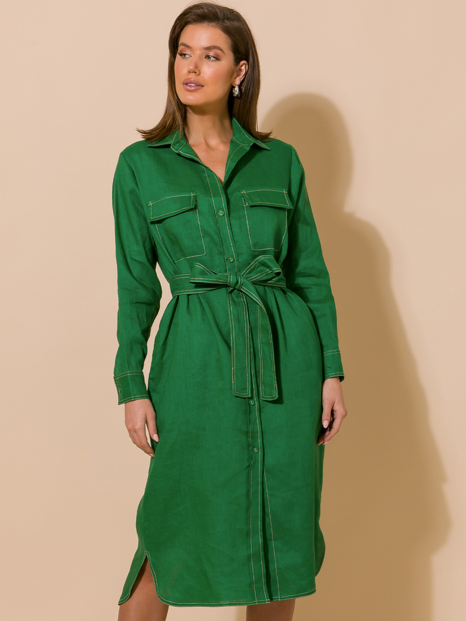 Stitch Detail Linen Dress Green Adorne