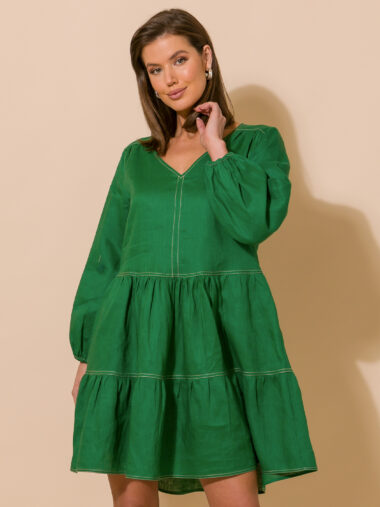 Stitch Detail Tier Dress Green Adorne