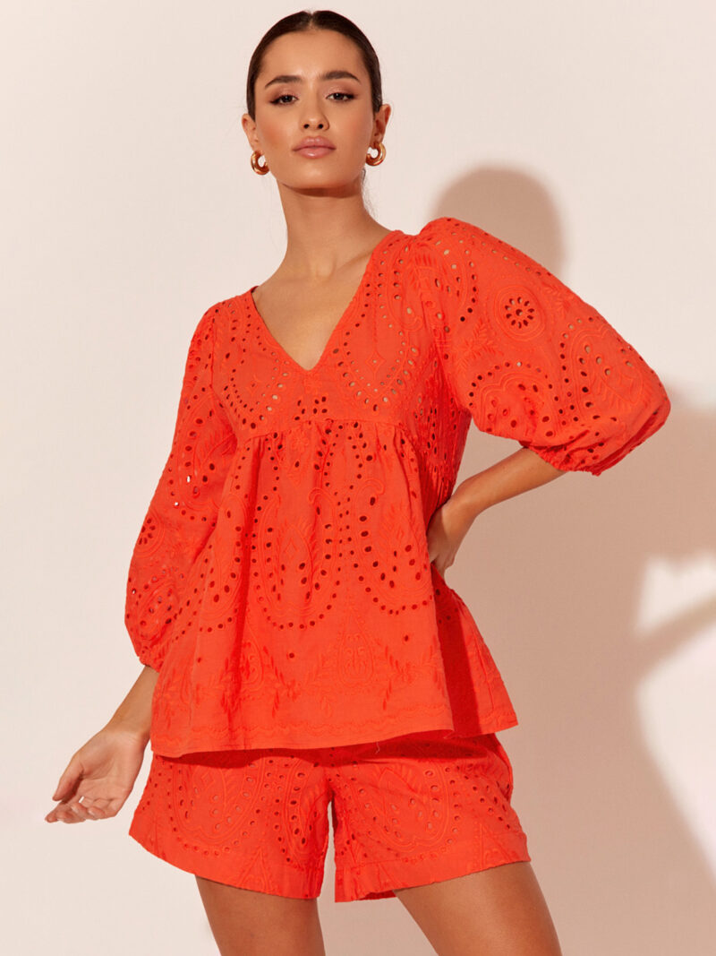 Relaxed Broderie Top Orange Adorne