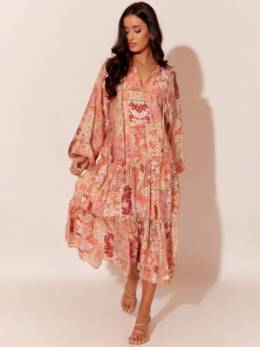 Tie Neck Relaxed Dress Pink Adorne