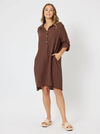 Threadz Byron Cotton Tab Sleeve Shirt Dress Chocolate