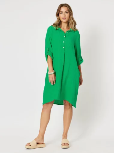 Threadz Byron Cotton Tab Sleeve Shirt Dress Green