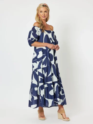 Cotton Print Tiered Maxi Dress Navy Hammock & Vine