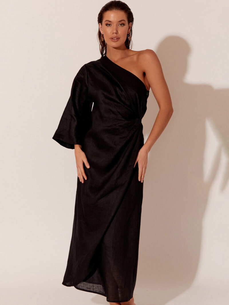 One Sleeve Linen Dress Black Adorne