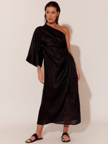 Adorne One Sleeve Linen Dress Black