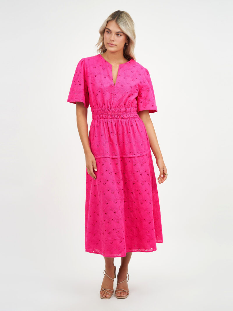 Shirred Waist Broderie Dress Pink Liberty Rose