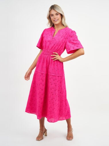 Liberty Rose Shirred Waist Broderie Dress Pink