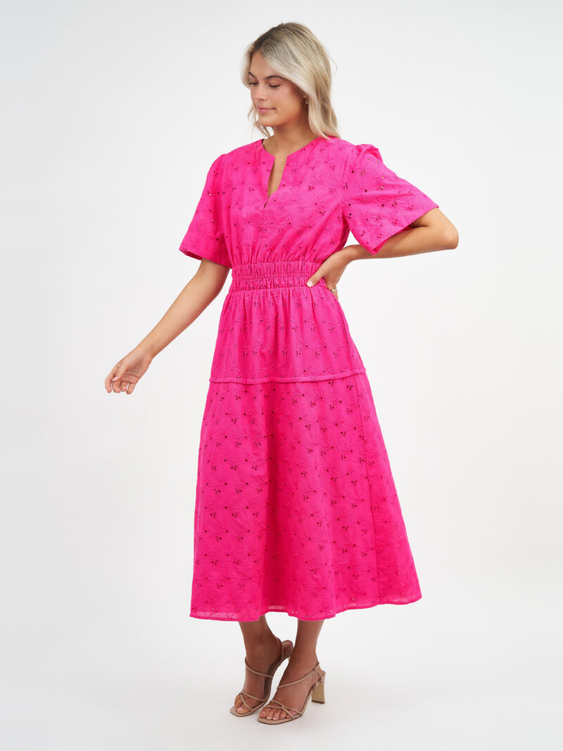 Shirred Waist Broderie Dress Pink Liberty Rose