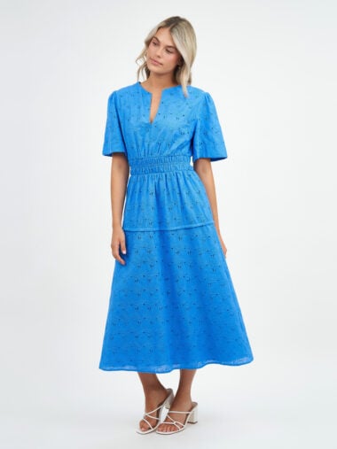 Liberty Rose Shirred Waist Broderie Dress Royal Blue