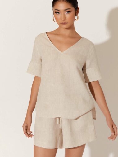 Adorne Vee Neck Linen Top Natural