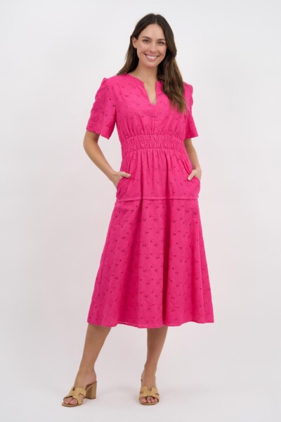 Shirred Waist Broderie Dress Pink Liberty Rose
