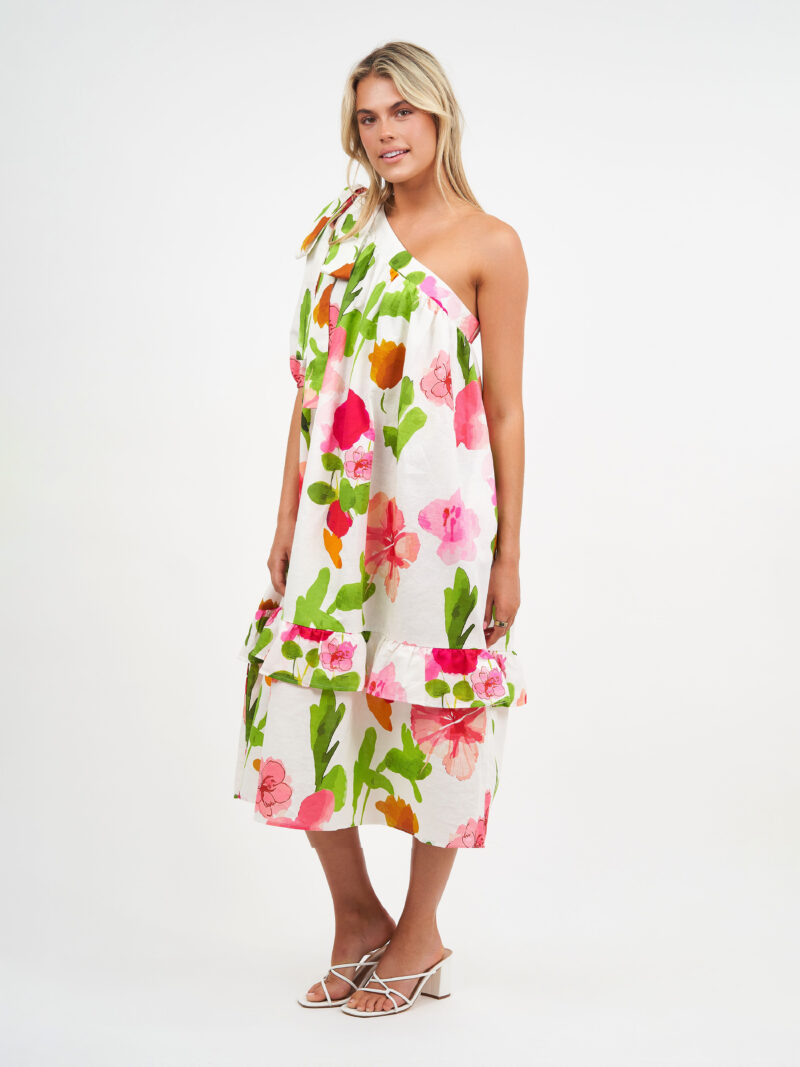 Linen One-Sleeve Tier Dress Magenta Liberty Rose