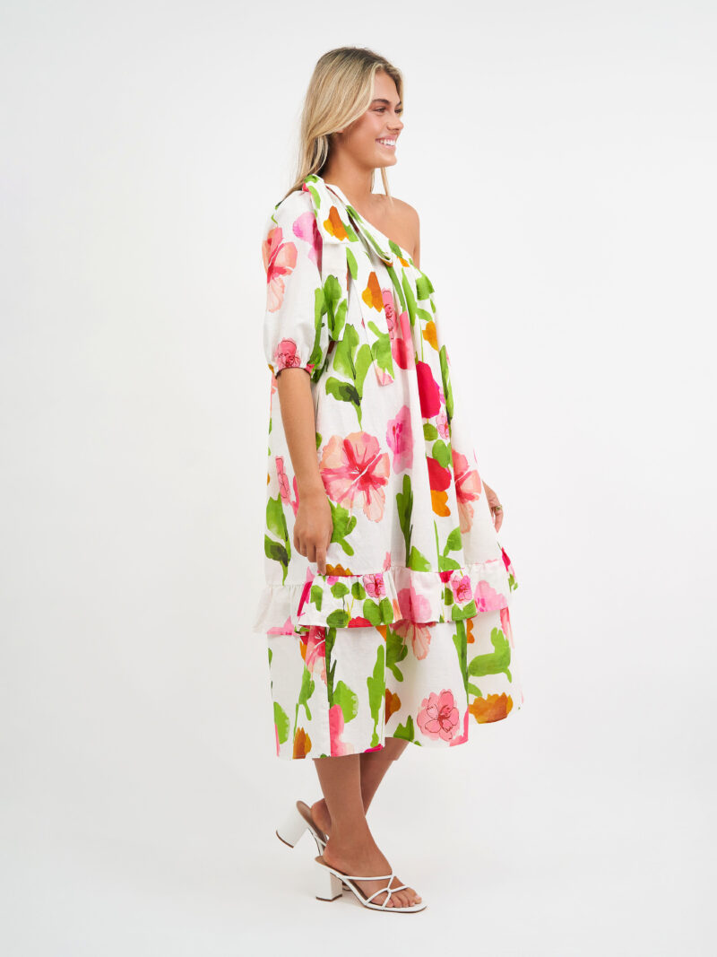 Linen One-Sleeve Tier Dress Magenta Liberty Rose