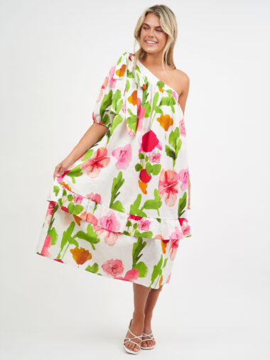 Liberty Rose Linen One-Sleeve Tier Dress Magenta