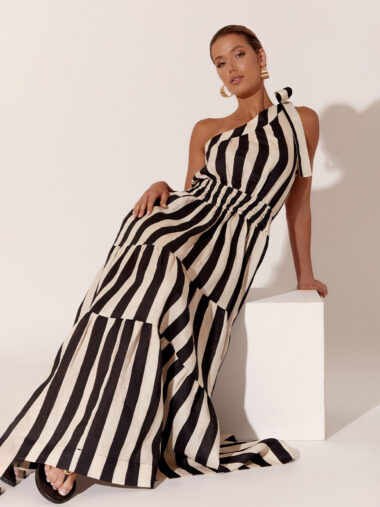 Adorne Striped Linen Dress Black