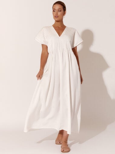 Pleat Neckline Dress White Adorne