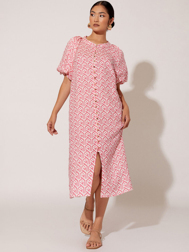 Button Thru Linen Dress Pink Adorne