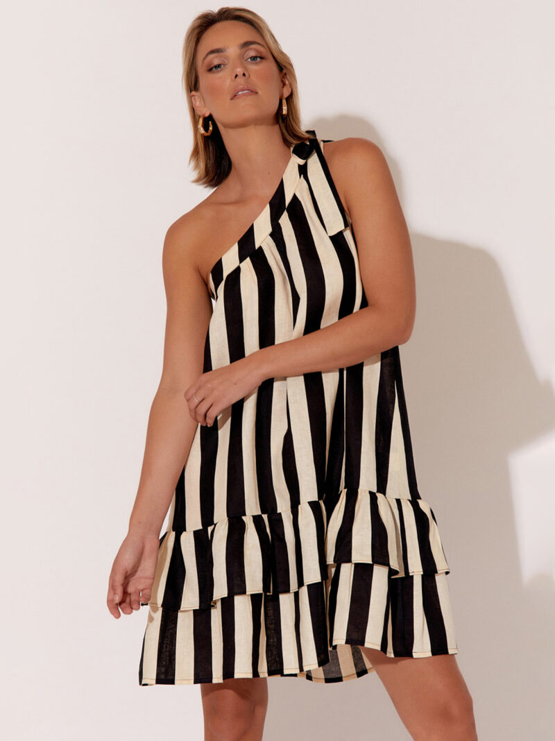 Striped Tier Linen Dress Black Adorne