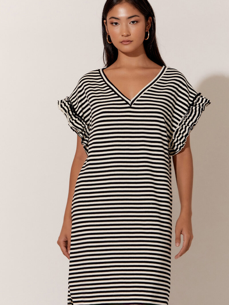 Cotton Jersey Frill Sleeve Dress Stripe Adorne