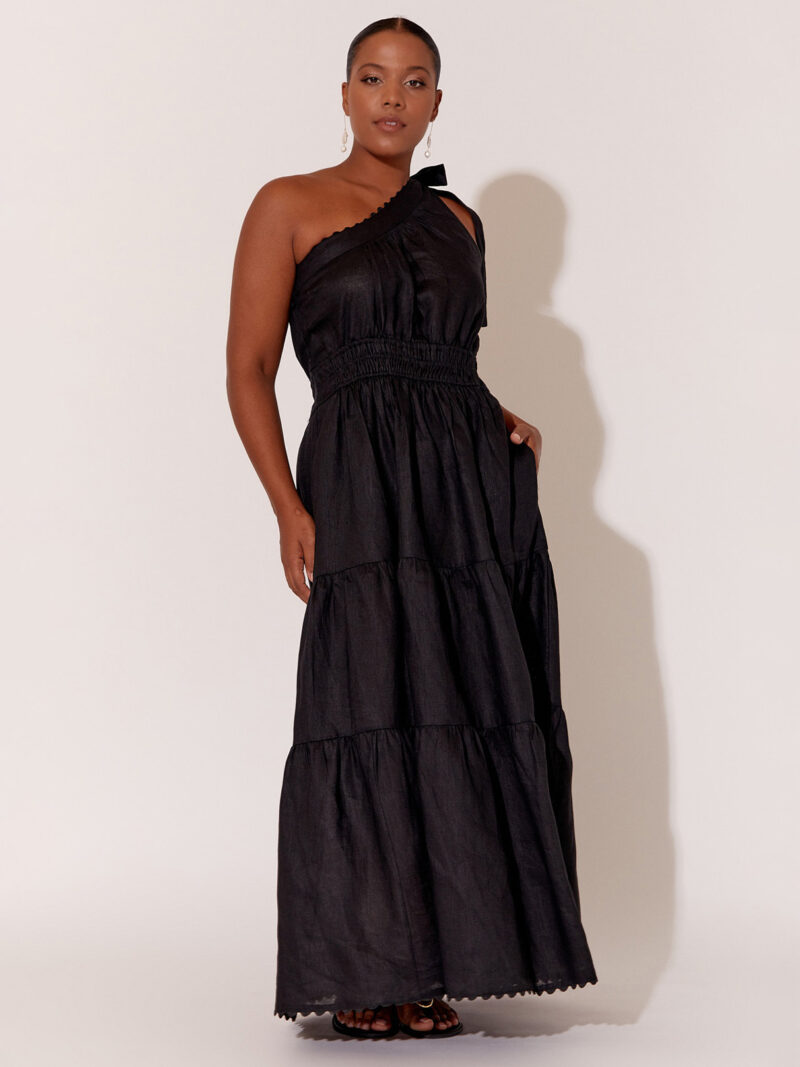 Tier One-Shoulder Linen Dress Black Adorne