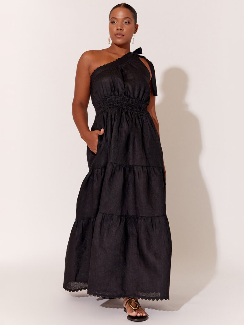 Tier One-Shoulder Linen Dress Black Adorne