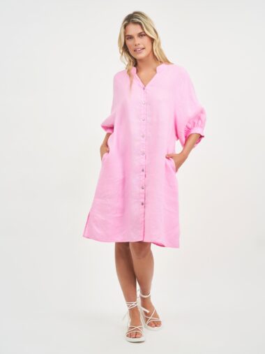 Exaggerated Sleeve Linen Dress Pink Worthier