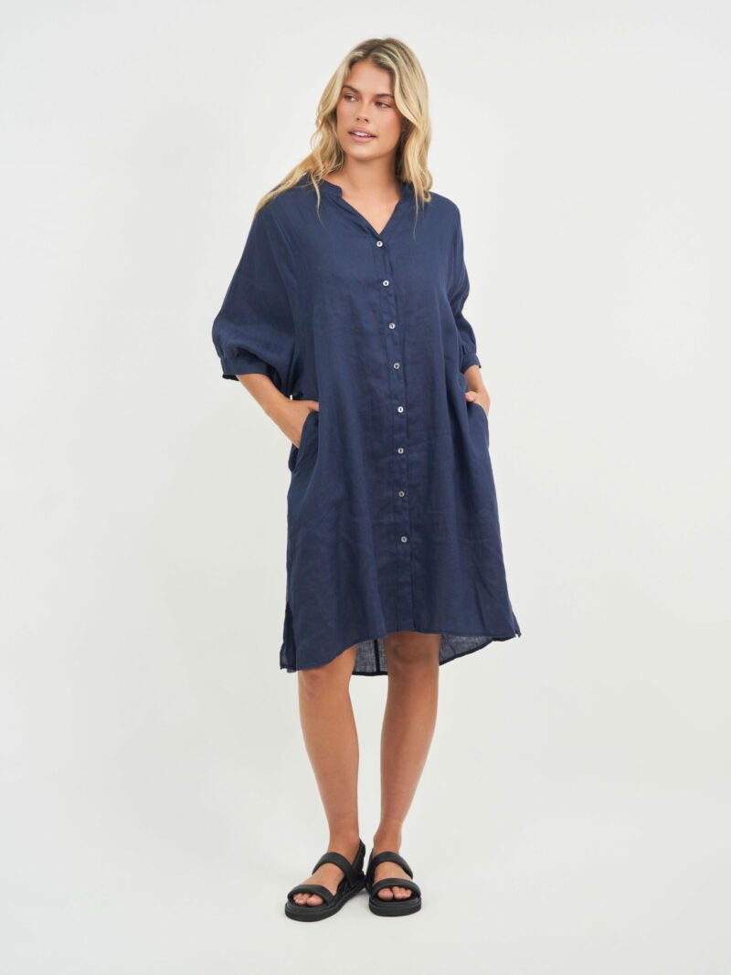 Exaggerated Sleeve Linen Dress Navy Worthier